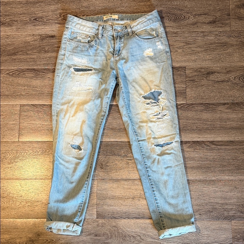 Distressed Patched Light Blue Jeans